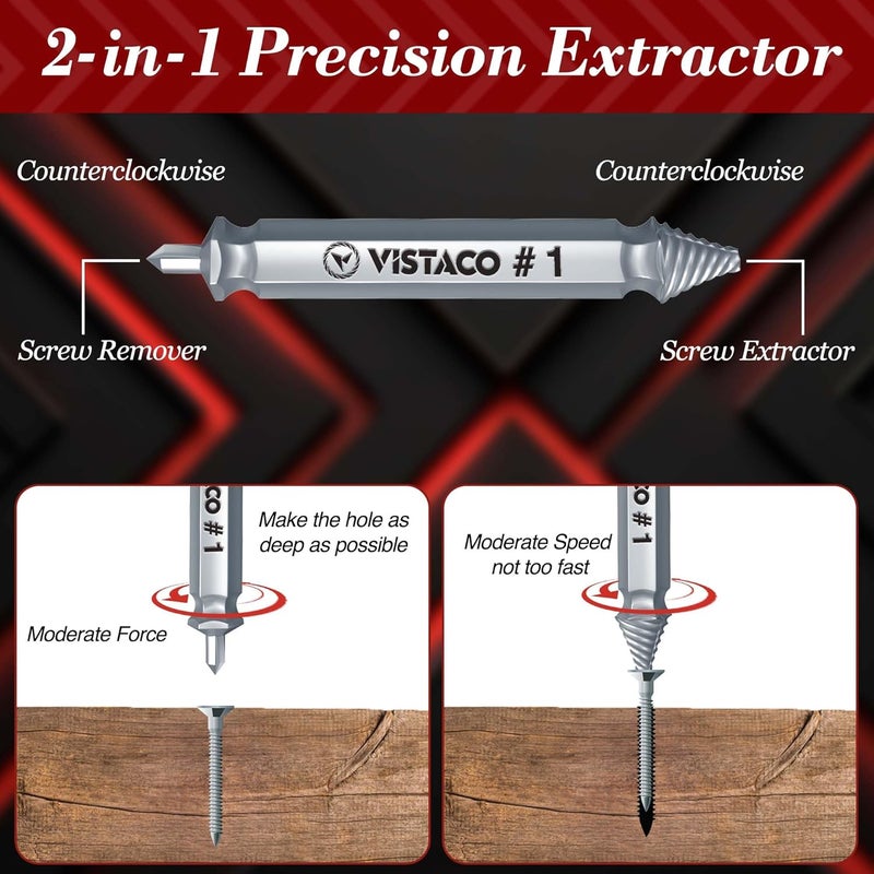 VISTACO Damaged Screw Extractor Set – 10 Pcs Easy Out Stripped Screw Remover Tool for Screws and Broken Bolts – Reverse Drill Bit Extractor Set for Rusted or Stuck Hardware and Tight Spaces - Image 4